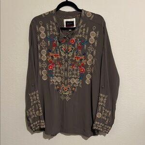 Johnny Was Biya taupe gray embroidered 100% silk blouse